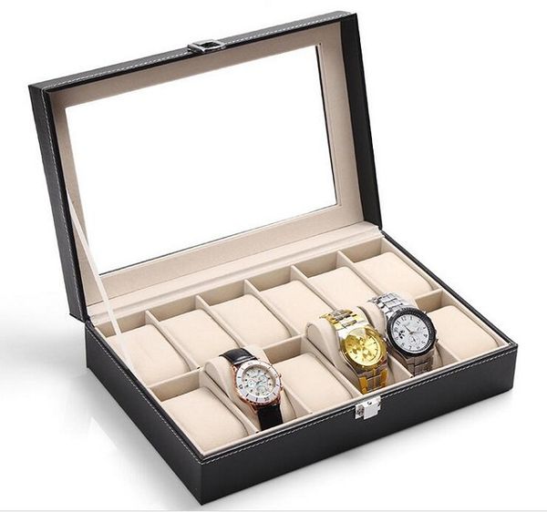 

new 12-grid glass watch box large mens black pu leather display glass jewelry case organizer storage box