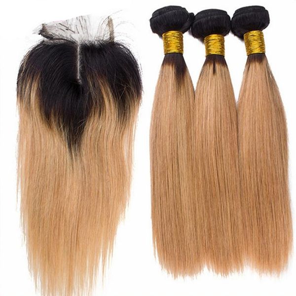 9a 1b 27 Honey Blonde Ombre Peruvian Hair Straight Weaves 3 Bundles With Dark Roots Blonde Lace Closure Two Tone Human Hair Extensions Hair Wefts