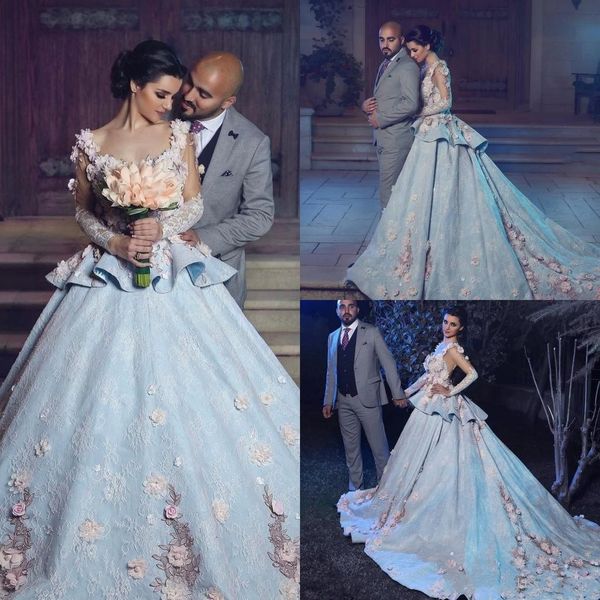 

2021 dubai wedding dresses sweetheart white lace applique sheer long sleeves 3d floral tiered ruffles chapel train plus size bridal gowns