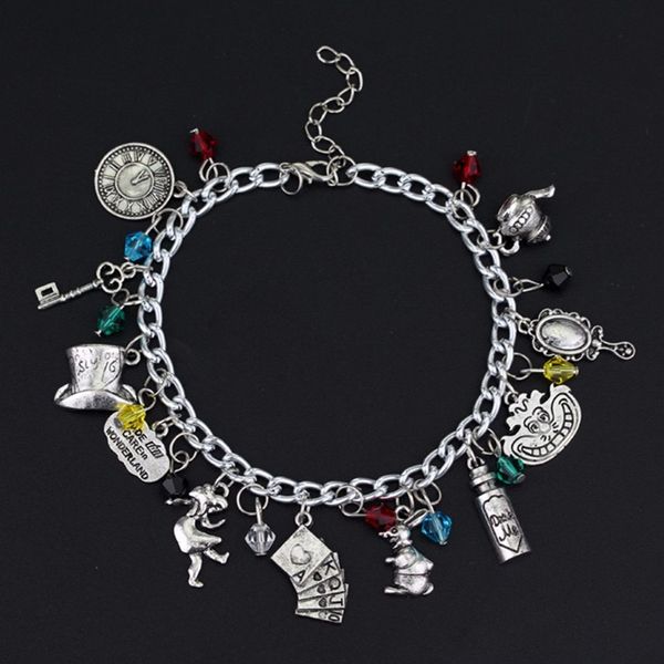 Bracciale con ciondolo ispirato ad Alice nel Paese delle Meraviglie Gril Specchio Orologio Teiera Carta da gioco Cappello Chiave con confezione regalo