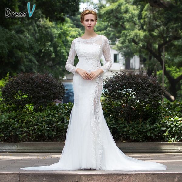 

2019 ivory long sleeves mermaid wedding dress scoop neck court train lace appliques hollow trumpet wedding dress bridal gown free shipping