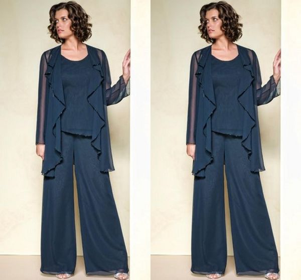 

Hunter Green Chiffon Three Pieces Plus Size Mother of The Bride Suit with Long Sleeve Jacket 2018 Custom Make Mother Formal Evening Dress