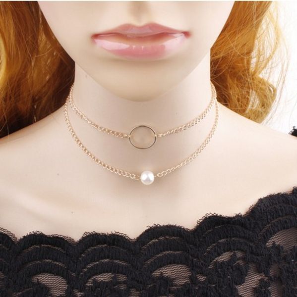 

trendy circle pearl womens necklaces 2 layered gold silver tone necklaces gift for her chokers necklaces, Golden;silver