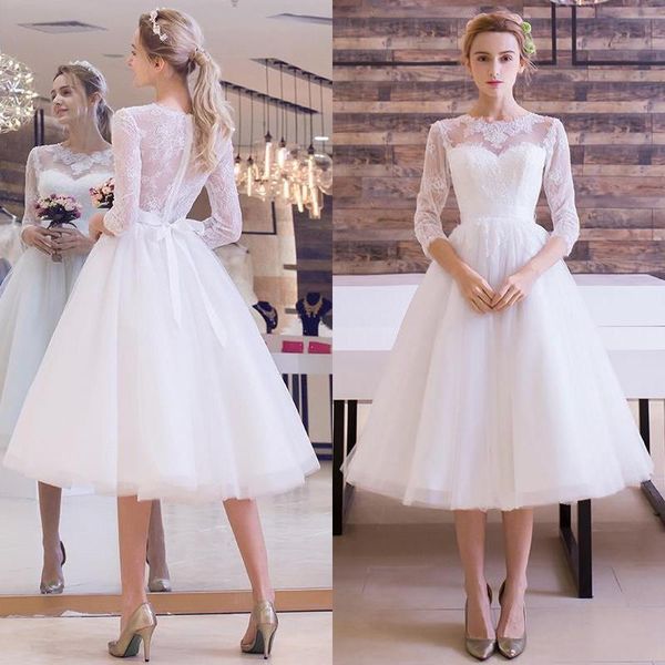 Discount Cheap Short Wedding Dresses Lace Tulle Vintage Sheer 3 4