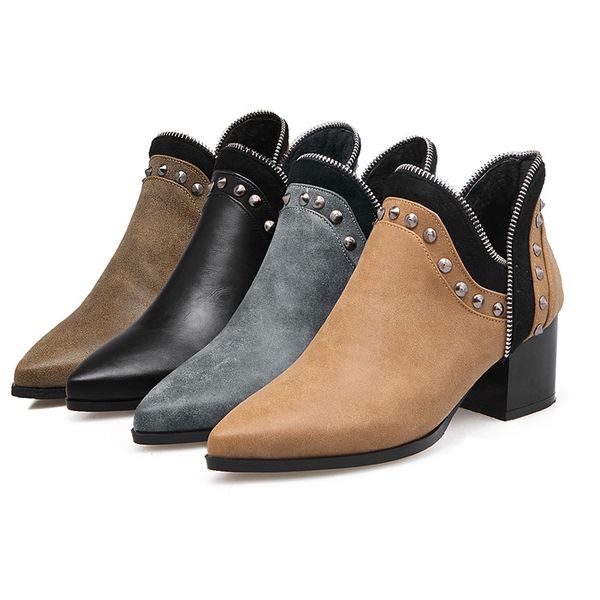 

new women boots pointed toe square heel autumn winter ankle boots pu rivet ladies boots big size 32-43, Black