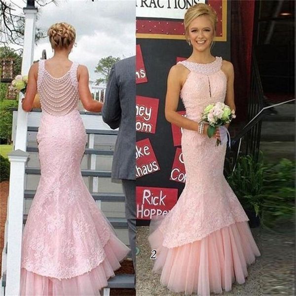 

sleeveless pink pearls mermaid long lace prom dress with crystals customized made illusion back evening dress vestido longo fest, Black