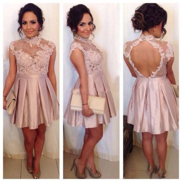 

new cocktail dresses high neck illusion lace appliques short mini open back homecoming dress blush pink party gowns vestidos, Black