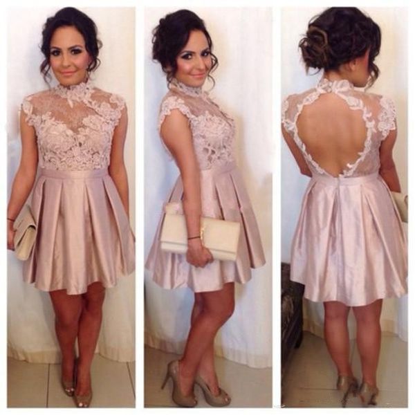 Novo Sexy Cheap Cocktail Vestidos Alto Pescoço Ilusão de Laço Appliques Curto Mini Voltar Vestido Homecoming Blush Blush Pink Party Vestidos