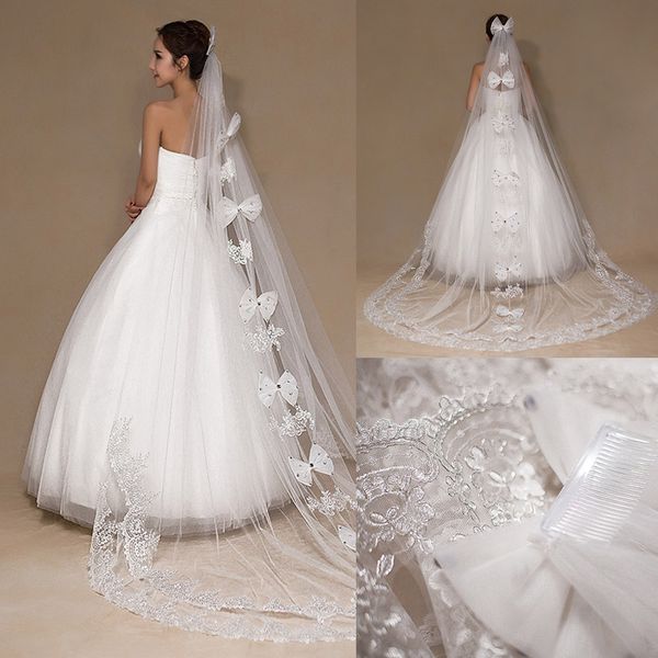 

luxury crystal wedding veil lace applique big bow bridal veils chapel length one layer long veil with comb, Black