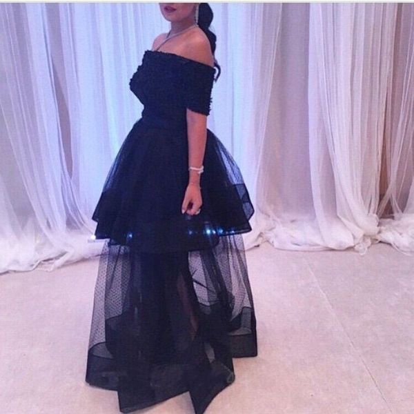 

arabic dubai black evening dresses vestidos de festa sheer tulle overskirts short sleeve party prom gown 2016, Black;red
