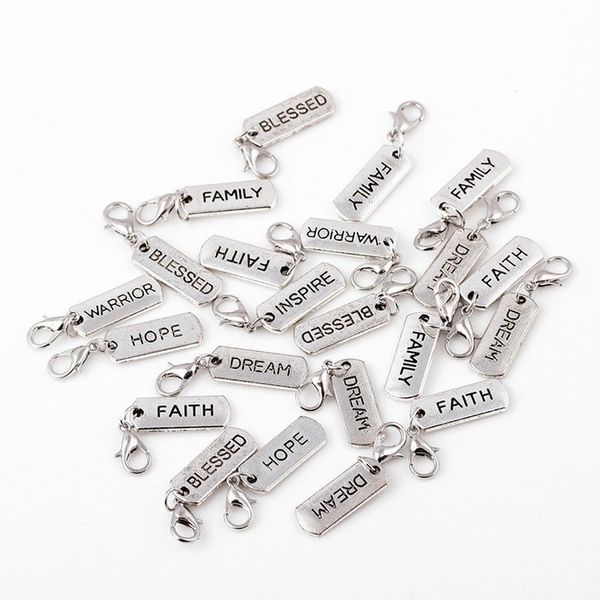 

20Pcs/Lot Charms Mix Tibetan Silver Floating Tag Letter Dangle Charms Pendant With Lobster Clasp For Bracelet Necklace jewelry Making