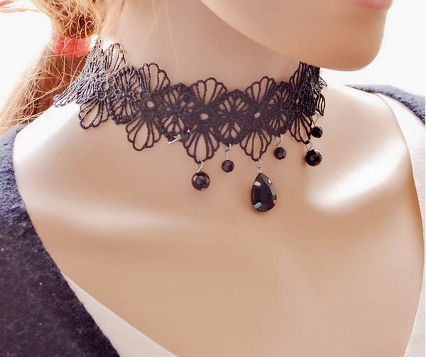 

punk style vintage lace chokers necklaces black bead teardrop statement necklaces women jewelry casaul , party, Golden;silver