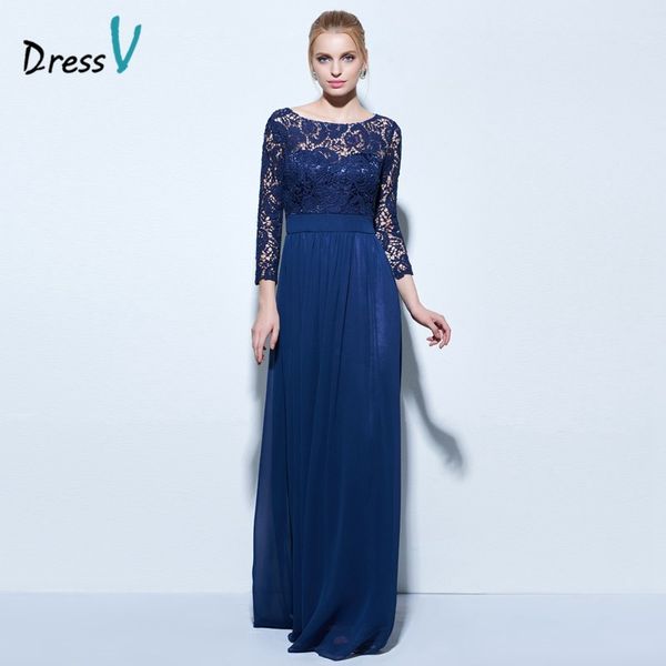 

2019 boat neck A-line lace evening dress dark navy 3/4 length sleeves zipper up long prom dress chiffon formal party dress free shipping