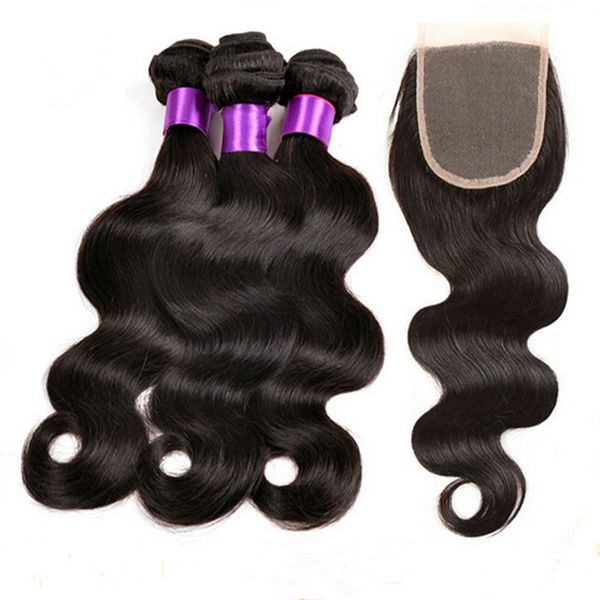 

9a brazilian body wave hair bundles with lace closure peruvian indian malaysian virgin hair 3 pcs body wave with 1 pc lace closure, Black