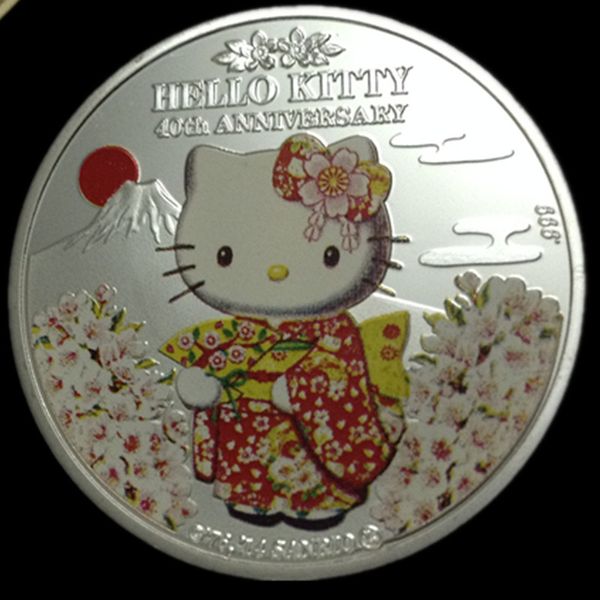 10 PCs Kitty Coin Cat Cat Japão Crachá do tema de desenho animado 24K Prazado de prata de ouro real 1 oz 40 mm de metal de metal colecionável moeda