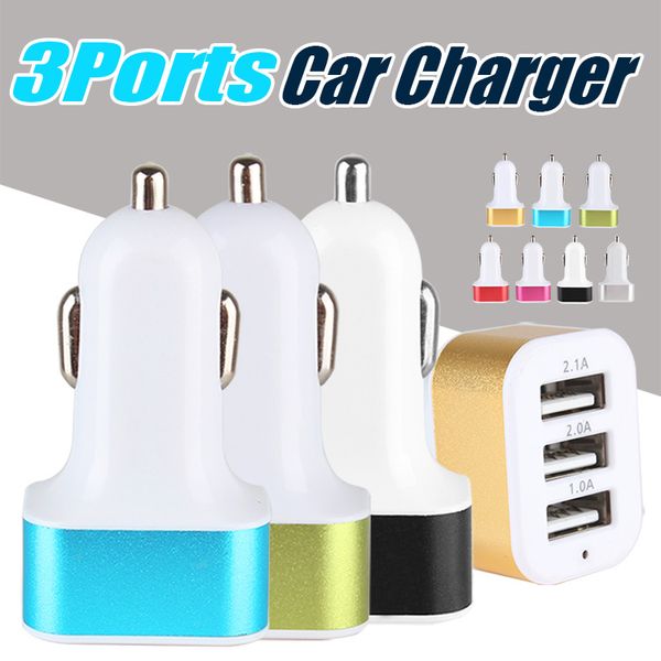 Carregador de carro USB de 3 portas para iPhone 14 13 Pro Max Universal Travel Adapter Car Plug Triple Car USB Charger For iPad Tablet Auto Accessories in OPP Bag