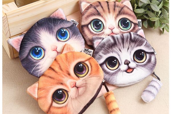 

14styles new cat coin purse ladies 3d printing cats dogs animal big face change fashion meow star people cartoon zipper bag for children, Red;black