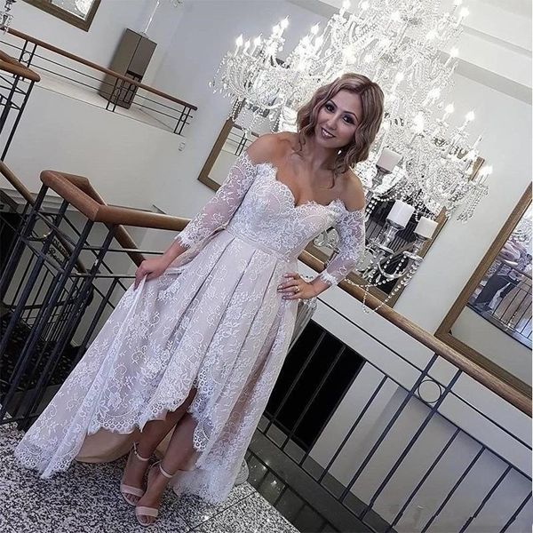 

high low wedding dress long sleeve off shoulder lace a line short front long back bridal gowns custom size, White