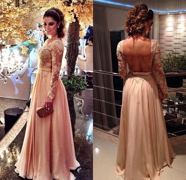 

2020 Vintage Celebrity Evening Dresses Long Sleeves Formal Party Gowns A Line Jewel with Lace Appliques and Beading Sequins See Through Back