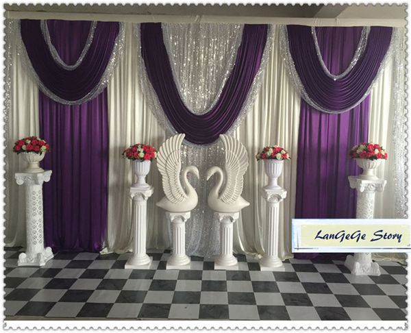 Ivory Party Backdrops With Dark Purple Drapes Silver Sequin Fabric