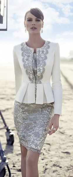 Carla Ruiz 2019 Kleider für die Brautmutter, Anzug mit Langarmjacke, trendiges weißes Satin, silberne Spitze, knielang, Hochzeitsgast, 281 r