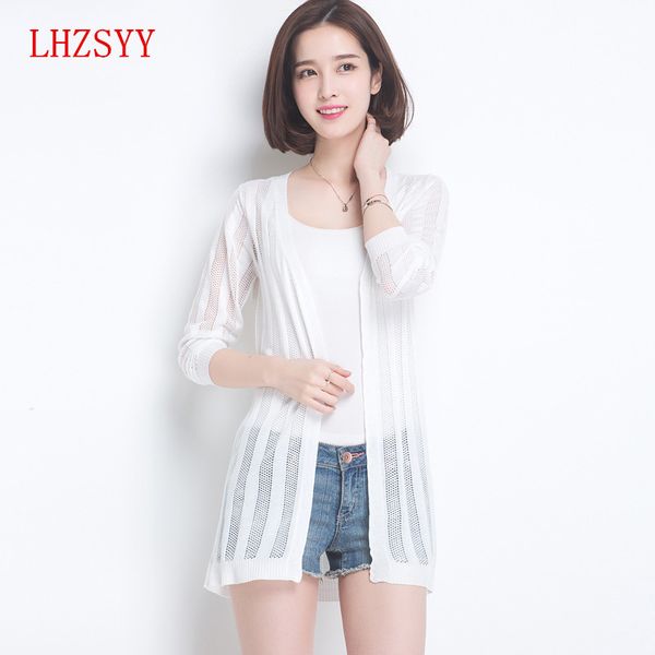 

wholesale- lhzsyy new long-sleeved cardigan thin section shirtair-conditioned shirt silk sweater coat v-neck slim female cardigan sweaters, White;black