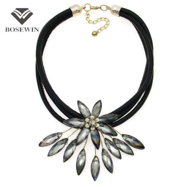

fashion Latest Crystal Flower Necklace For Women Handmade Accessories Multi Black Leather Chain Choker Statement Jewelry CE4152