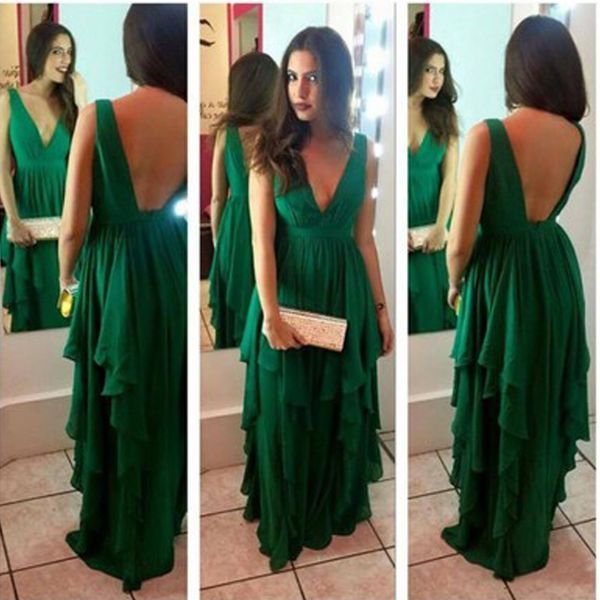 Splendidi abiti da ballo economici sexy scollo a V profondo backless verde smeraldo abiti da sera in chiffon da sera gonna asimmetrica con volant su misura