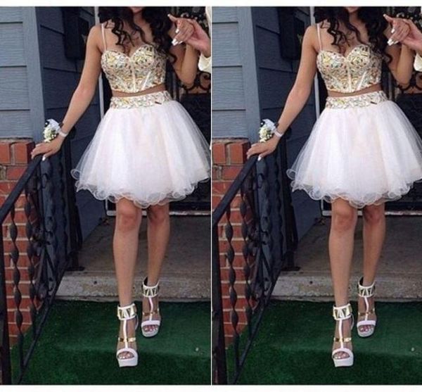 

Two Piece Homecoming Prom Dresses With Spaghetti Straps Sexy Open Back Gold And White Short Women Party Gowns