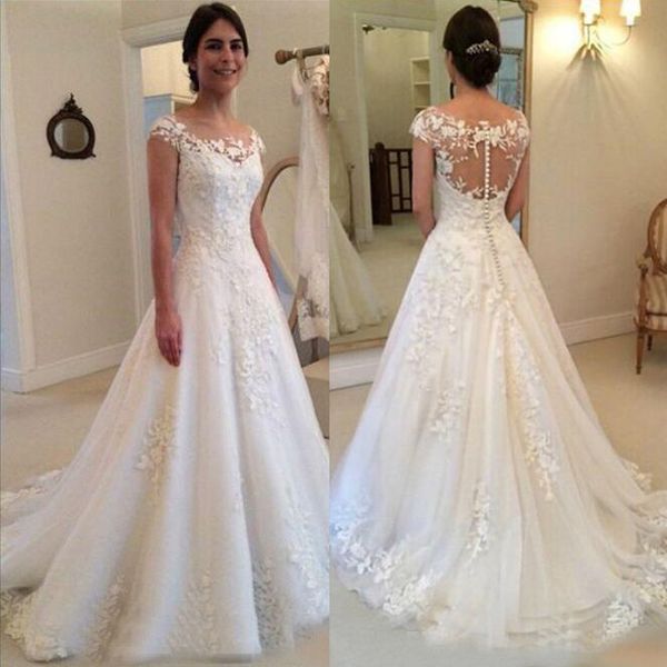 

jewel neck lace appliques see through button back vintage bridal wedding gowns elegant garden western country a line wedding dresses, White