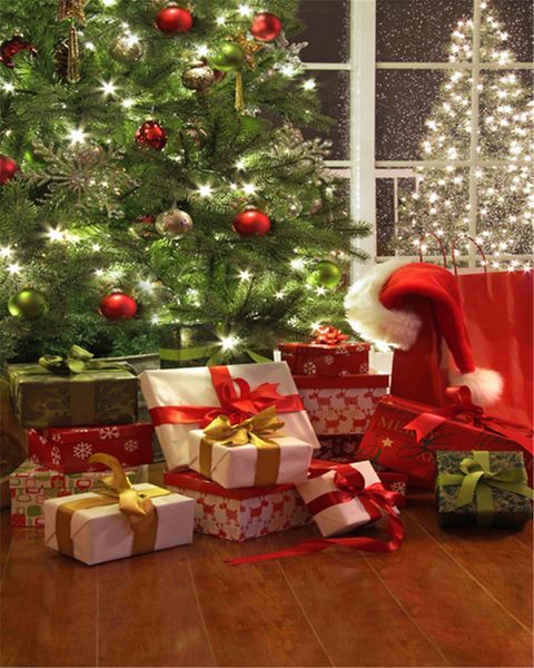 Sfondo per regalo di Natale per casa interna per fotografia Albero scintillante Fuori dalla finestra Vacanze di Capodanno Bambini Sfondo per bambini Pavimento in legno