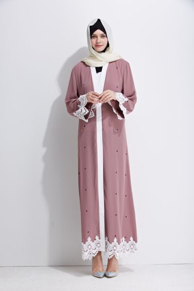 

2018 new arrival muslim women long sleeve maxi cardigan islamic lace abaya dress kaftan caftan s-2xl, Red