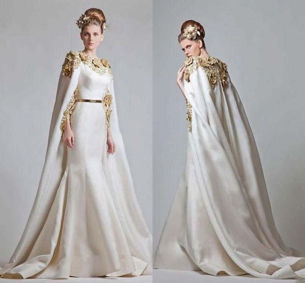 Modest Zuhair Murad 2019 Goldapplikationen Satin-Meerjungfrauenkleid Abendgarderobe mit Wickel-Schleppe Saudi-arabische Abendkleider EN6013