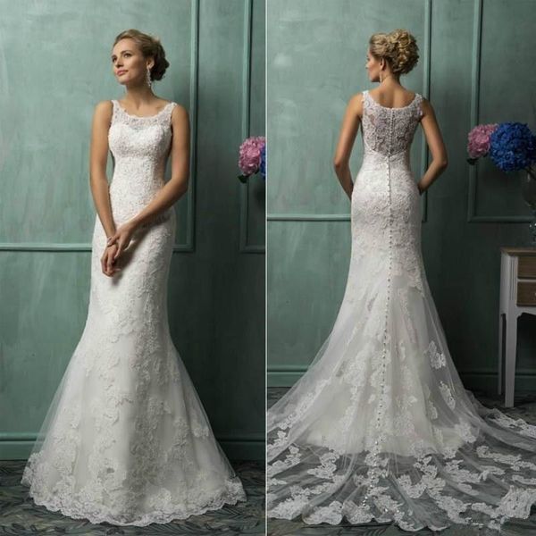 2016 New Illusion Crew Cheap Wedding Dresses Mermaid Lace Applique