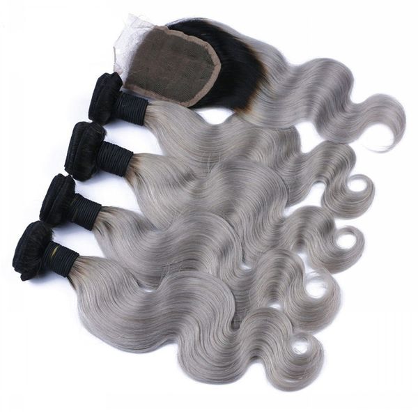 9a Indian Grey Ombre Hair With Closure Silver Grey Ombre Body Wave