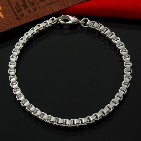 

box chain bracelet venetian style 4mm 8 inches women 925 sterling silver bracelet and bangles fashion jewelry, Black