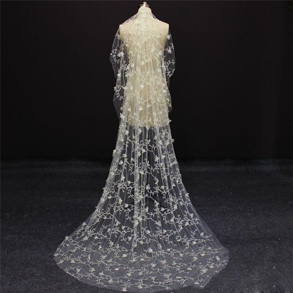 Romântico Véu Do Casamento Do Laço Completo Uma Camada 3D Apliques Florais Acessórios Nupciais Véus Longos Para A Noiva