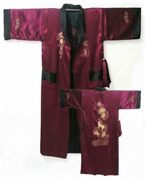

wholesale-reversible burgundy black chinese men's silk satin robe two side nightgown embroidery dragon kimono bath gown  mr001, Black;brown