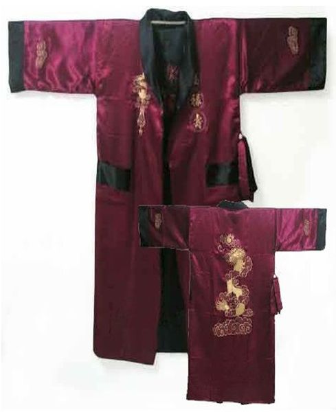 Atacado-reversível Borgonha Borgonha Chinês Chinês Silk Silk Robe Dois Lado Nightgown Bordado Dragão Quimono Bath Vestido Um Tamanho MR001