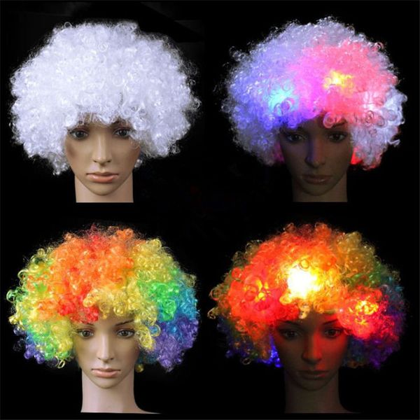 Bunte LED große Haare Clown Cosplay gewellte LED Haar Perücke Party Requisiten lustige Fans Zirkus Karneval Glühen Weihnachtsgeschenk ouc2145