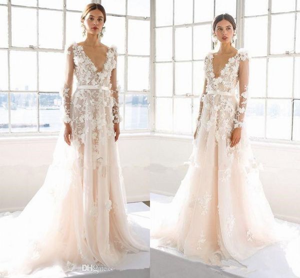 

marchesa 3d цветочные с длинным рукавом свадебные платья скромная мода плюс размер принцесса дубай арабский цветок ручной работы замок плать, White
