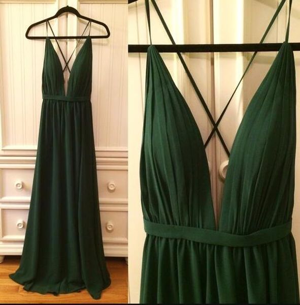 Sexy Hunter Green Chiffon Boho Country Abiti da damigella d'onore Lunghi 2017 Foto reali Spaghetti Criss Cross Back Abiti Party Evening EN10279