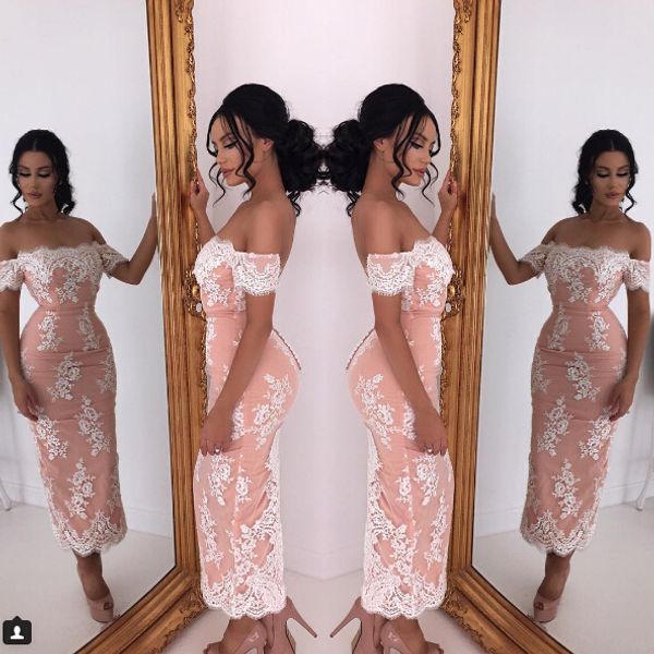 

дизайн мода чай длина оболочки платья невесты off-плечо сексуальный арабский вечернее платье выпускного вечера платья с поясом кружева аппли, White;pink