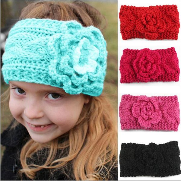 

girls kids winter big wool crochet headbands flowers for toddler european style ear warmers children braided headbows baby beanies cap kha51, Slivery;white
