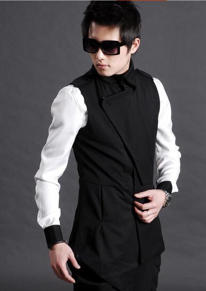 

fall-2016 new men`s fashion irregular korean cultivating long black vest nightclub gd stage singer dress coutmes clohting, Black;white