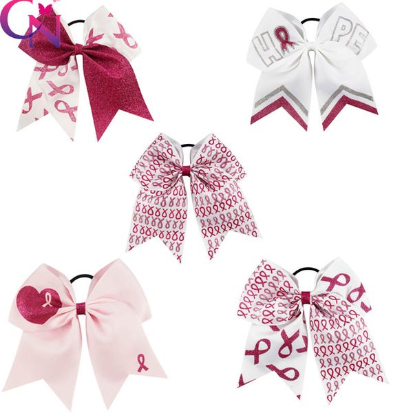 

elegant 7 inch patchwork cheer bows breast cancer awareness half glitter half grosgrain ribbon cheerleading bow with elastic band, Slivery;white