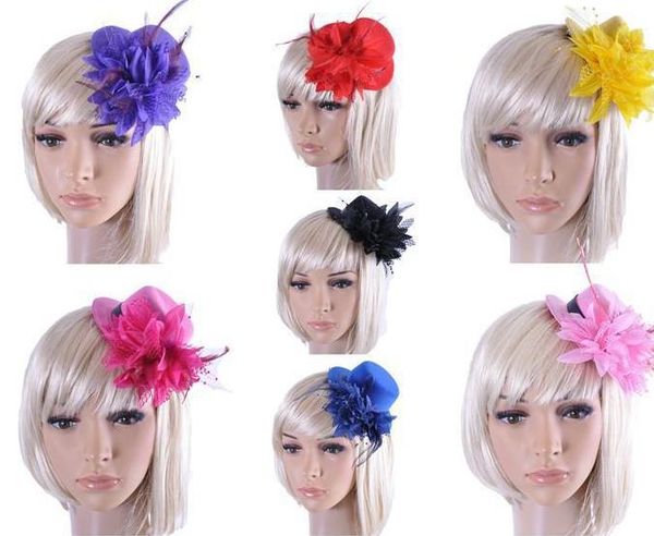 Neueste Frauen Braut Fascinator Mini Zylinder Hut Kappe Hochzeit Band Gaze Spitze Feder Blume Hüte Party Haarspangen Kappen Mode Haarschmuck