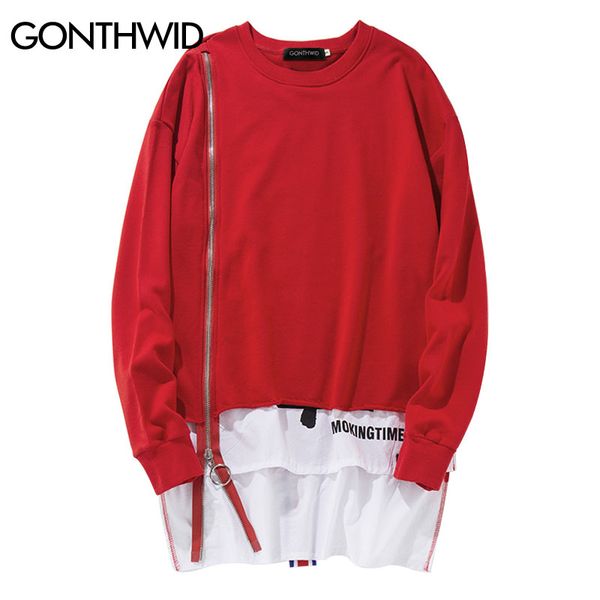 Großhandel - Front Long Zipper Back Ribbon Hoodies Hip Hop Patchwork Extended Pullover Sweatshirts Fashion Double Layer Streetwear