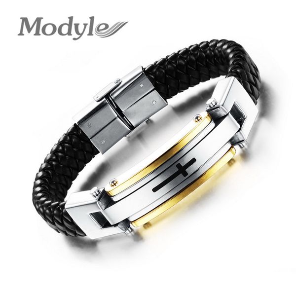 

wholesale-modyle vintage leather wrap bracelet for man fashion handmade knitted bangle black/gold plated full steel cross men bracelets