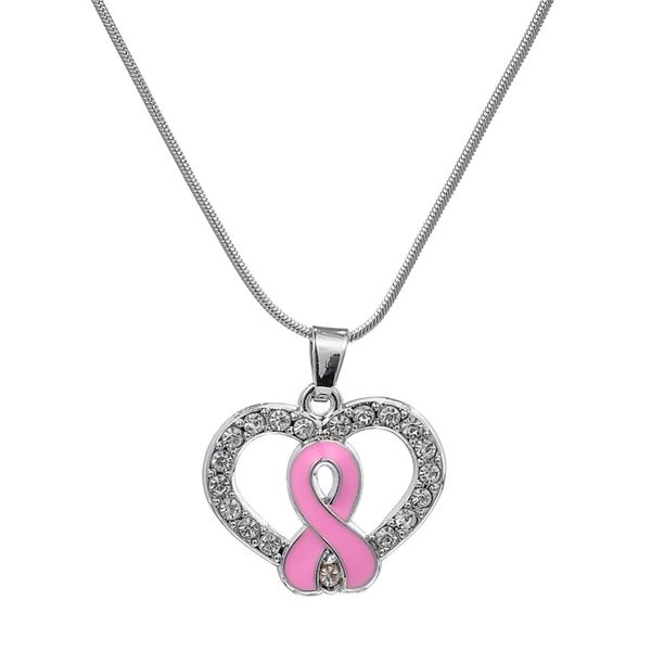 

breast cancer awareness pink enamel ribbon bow heart necklace pendant charm, Silver